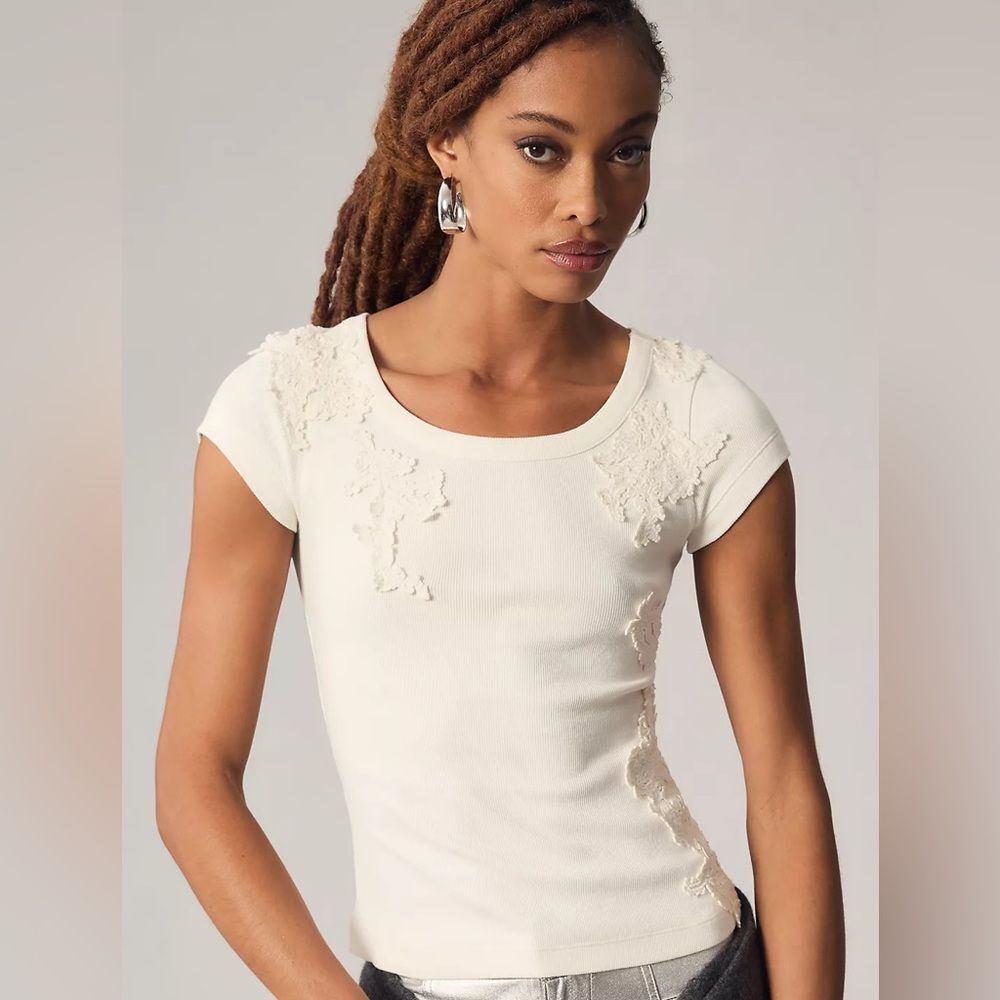 Anthropologie Lace Appliqué Ribbed Top